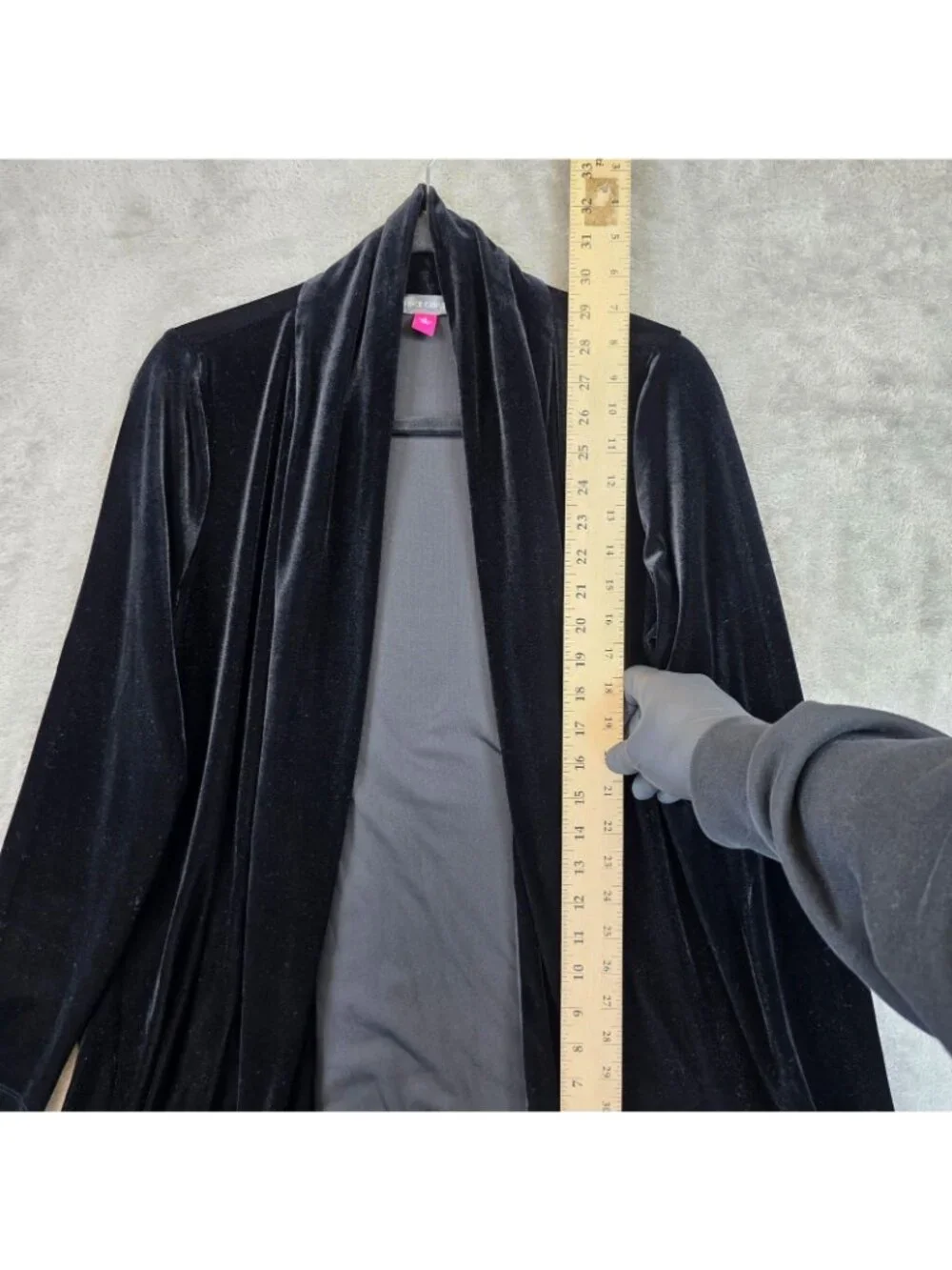 Vince Camuto Jacket Womens Small Black Velvet Open Front Stretch Mid Length